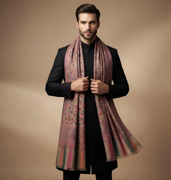 Mir-e-Khas Traditional Kashmiri Kani Weave Brown Shawl for Men – Wool Blend
