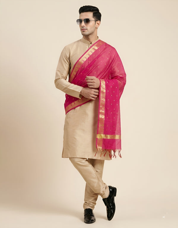 Cotton Silk Mens Dupatta – Rani with Zari Buta & Border Work
