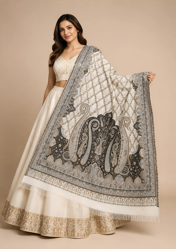 Naqsh-e-Kashmir Inspired Paisley Jacquard White Shawl with Kani-Inspired Floral Border