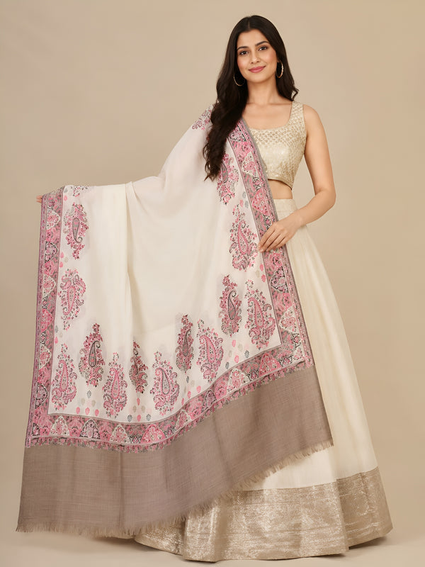 Naqsh-e-Kashmir Woven Kani Jacquard Paisley White Shawl with Inner Bootas & Solid Panel
