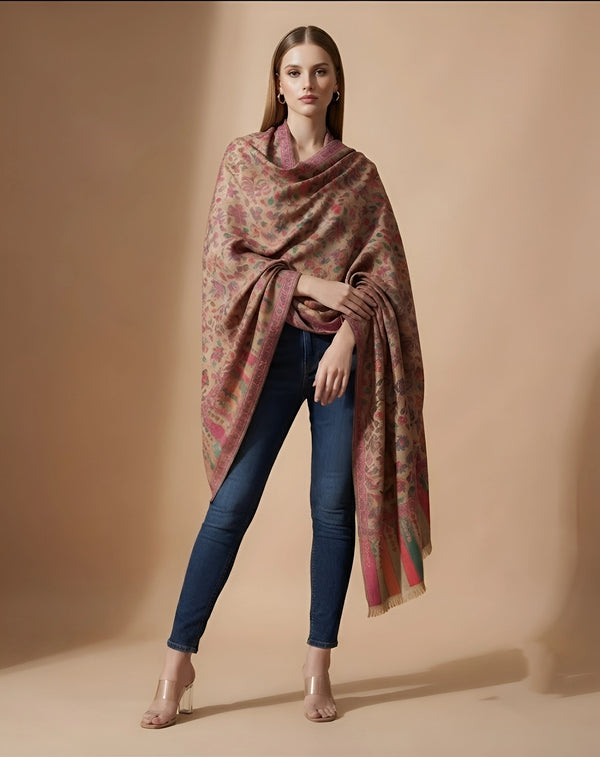 Regal Kani Weave All-Over Floral Jaal Wool Blend Beige Stole | Kashmiri Inspired