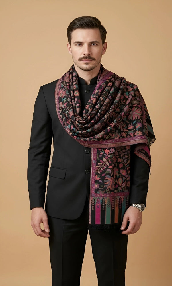Noble Kani Weave Floral Wool Blend Black Stole