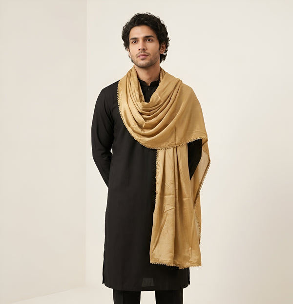 Nazneen Chiffon Mens Dupatta – Solid Gold with Elegant Lace Border