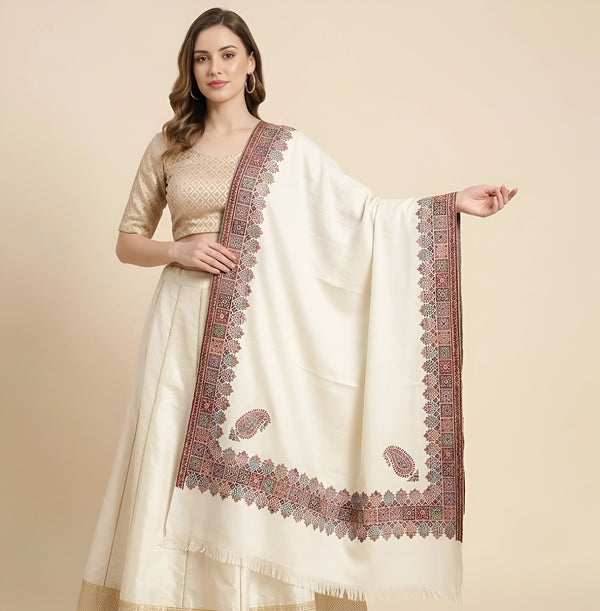 Naqsh-e-Kashmir Inspired Kani Paisley & Geometric Border Wool Blend White Shawl