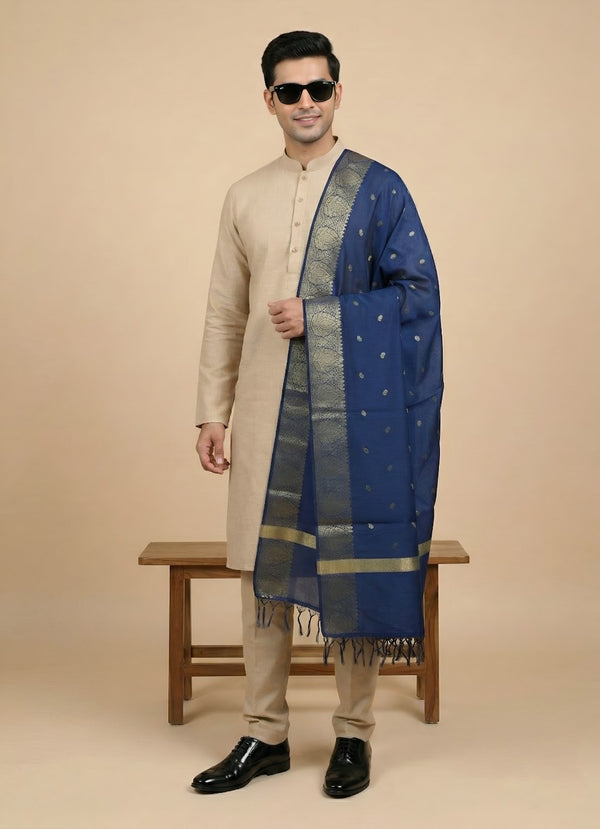 Banarasi Silk Mens Dupatta – Blue with Zari Buta & Border Work