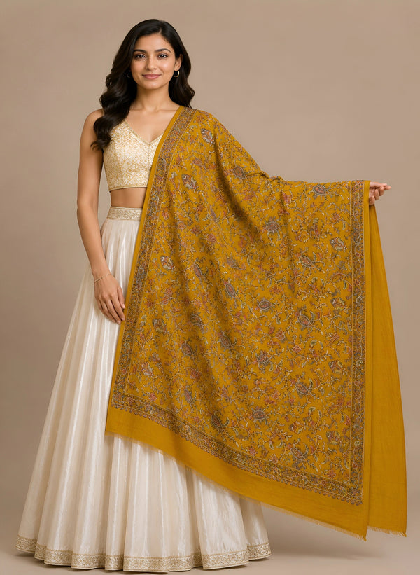 Naqsh-e-Kashmir Inspired Jamawar Floral Paisley Vine Wool Blend Yellow Shawl