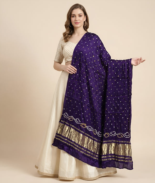 Luxurious Gajji Silk Blue Dupatta with Bandhani Dots & Zari Border