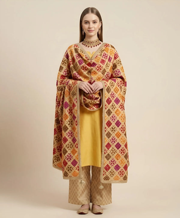 Luxe Phulkari Chinon Mirror Work Embroidered Beige Dupatta with Elegant Lace Border