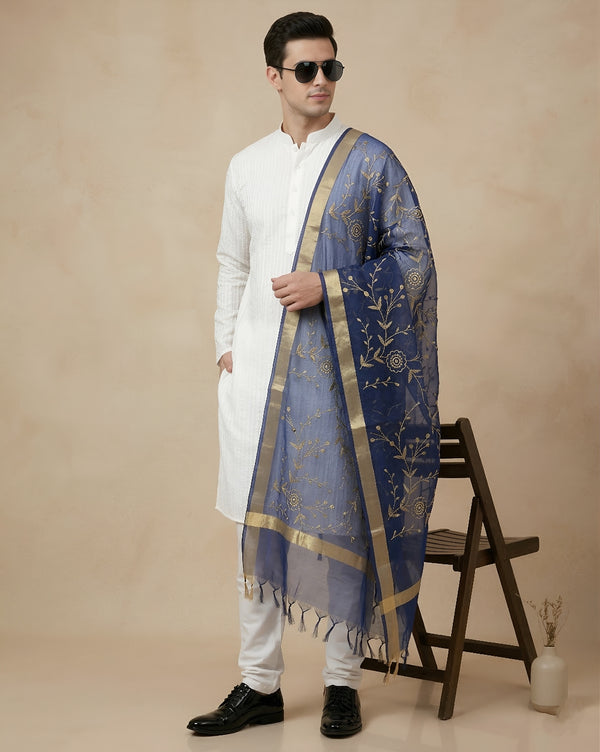 Organza Meena Jaal Mens Dupatta – Blue with Gold Woven Design