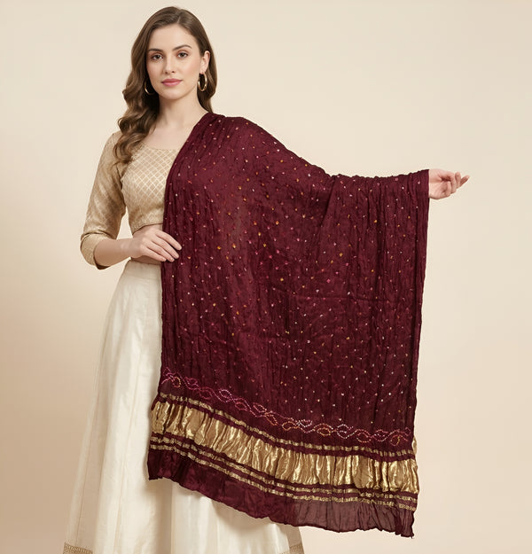 Luxurious Gajji Silk Maroon Dupatta with Bandhani Dots & Zari Border