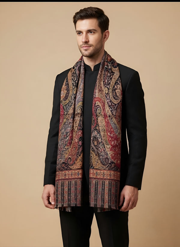 Reserve Mens All-Over Paisley & Floral Print Bamboo Silk Beige Stole
