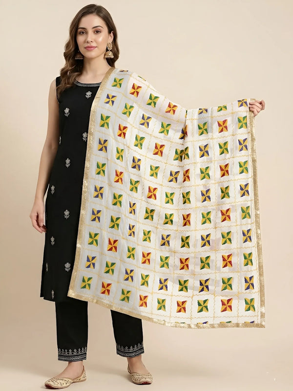 Chinon Phulkari Women White Dupatta with Traditional Motif Work & Tape Border