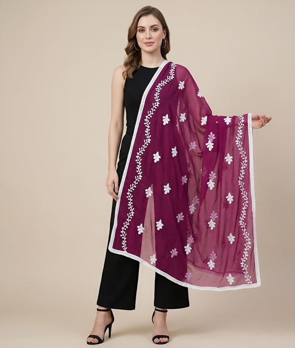 Wine Nazneen Chiffon Embroidered Dupatta with Floral Work