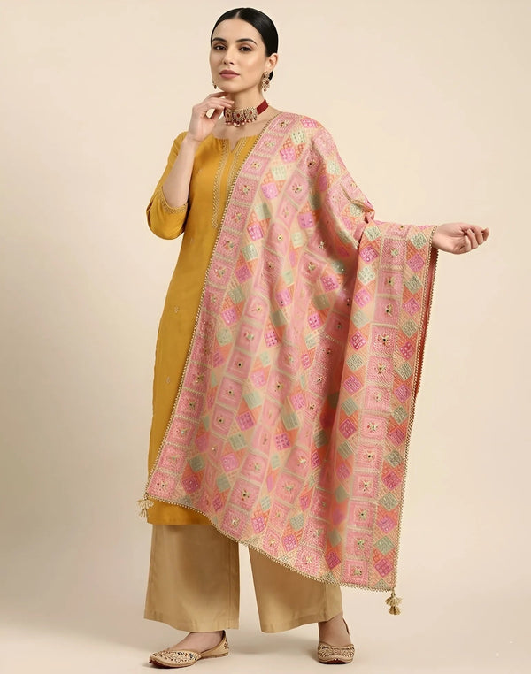 Luxe Chinon Women Phulkari Dupatta with Mirror & Beads Detailing, Lace Border and Latkan Tassels