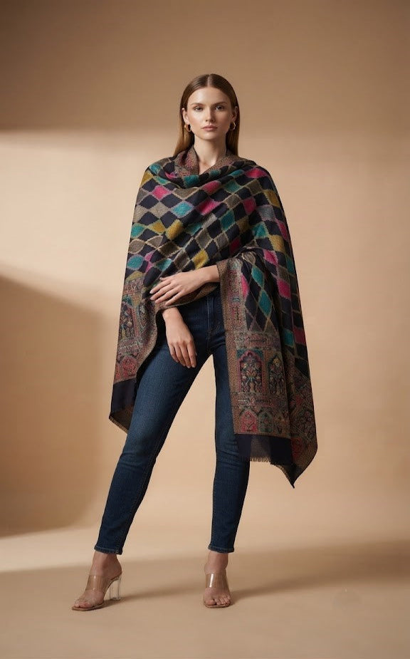 Signature Geometric Diamond Jacquard with Mughal Floral Border Wool Blend Blue Stole