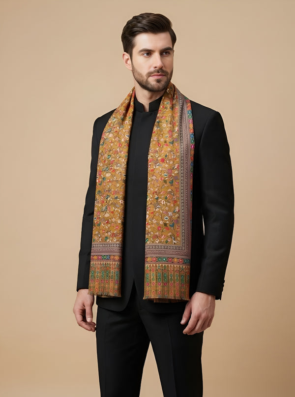 Reserve Mens All-Over Kalamkari Floral Print Bamboo Silk Mustard Stole