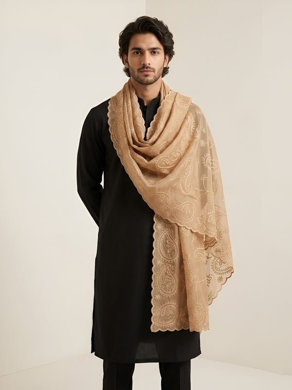 Organza Mens Dupatta – Gold with Paisley Embroidery & Floral Design