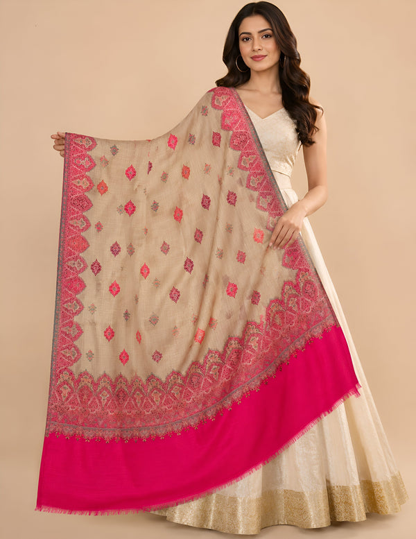 Naqsh-e-Kashmir Woven Kani Jacquard Pink Shawl with All-Over Buttis & Solid Panel