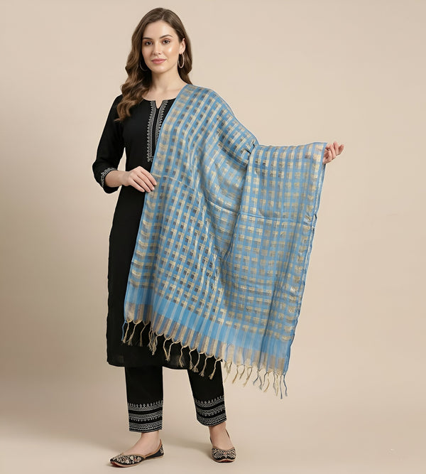 Blue Cotton Dupatta with Golden Stripe Weave & Tassel Border