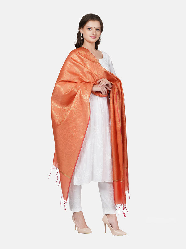 Orange Banarasi Silk Dupatta with All-Over Woven Floral Zari Jaal (Size: 2.5x1 m Approx)