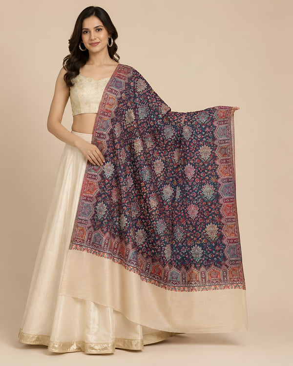 Naqsh-e-Kashmir Woven Kani Jacquard Floral Shawl with Traditional Beige Border & Panel