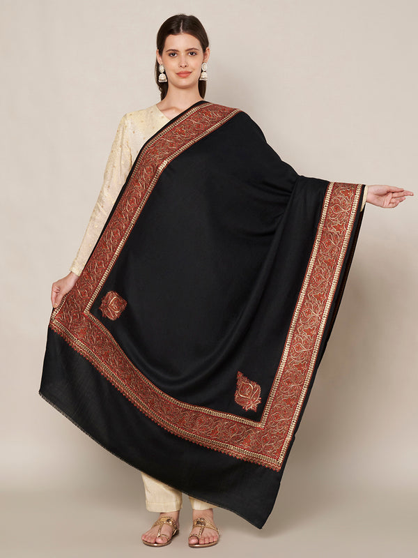 Black Woolen Women Shawl with Intricate Embroidered Detailing – Winter Wrap (80 x 40 Inches)