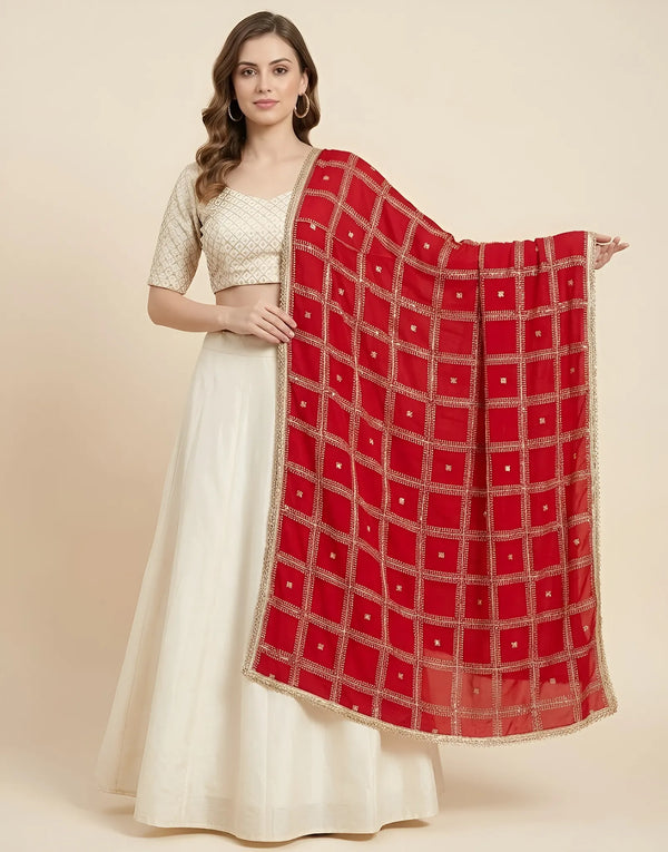 Red Chinon Dupatta with Gold Grid Embellishment (Size: 2.5x1 m Approx)