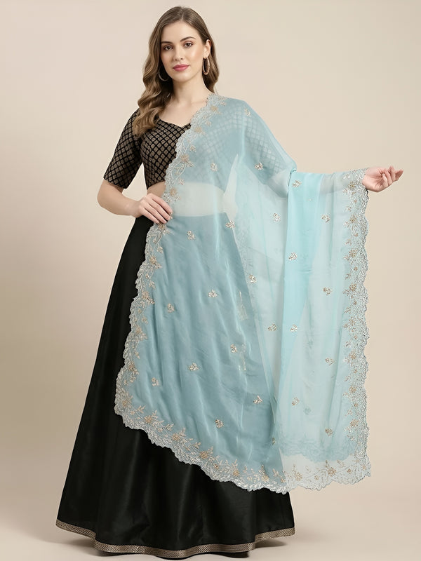 Luxe Rangoli Women Blue Dupatta with 4 Side Scalloped Embroidered Border & Buti Embellishment