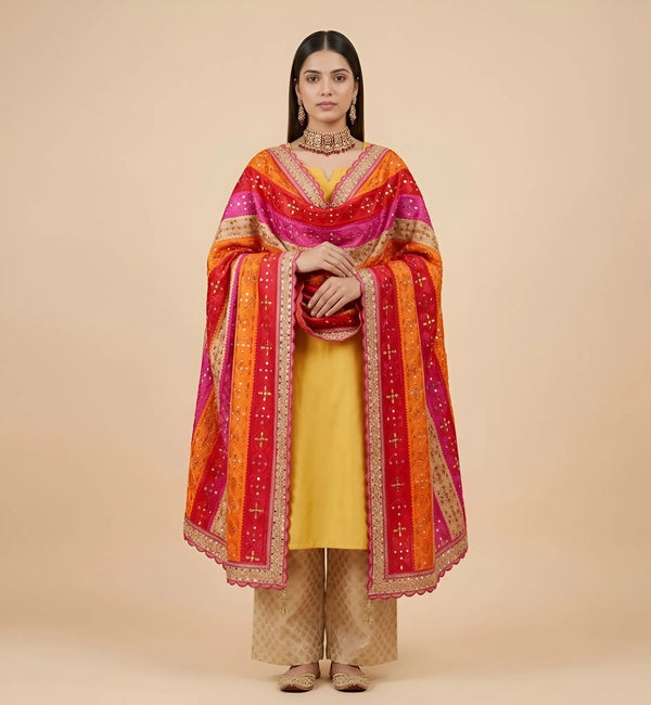Luxe Chinon Multicolour Mirror Work Embroidered Phulkari Dupatta with Scalloped Lace Border