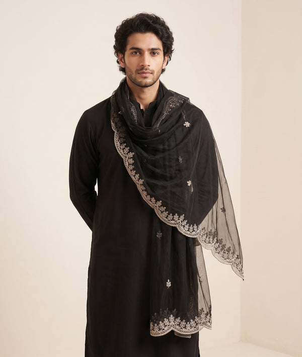 Black Organza Mens Dupatta – Scalloped Cutwork Border with Buti Work