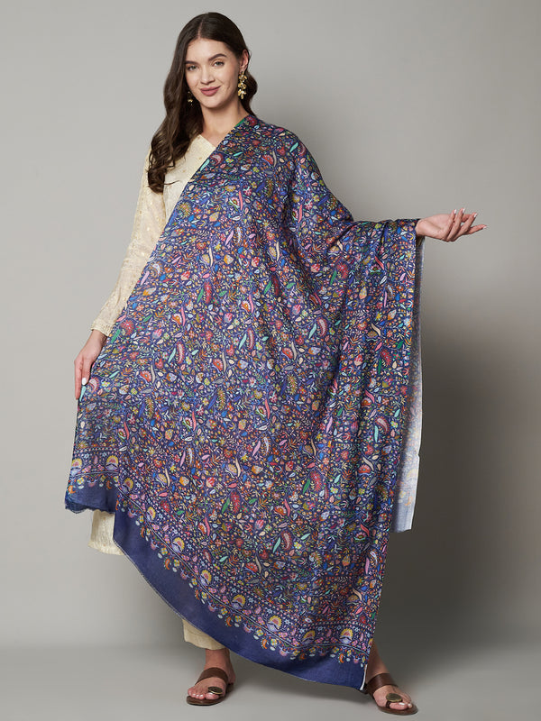 Bamboo Silk Blue Kashmiri Women Stole with Traditional Paisley Jaal | Soft & Elegant | 80×28 Inches