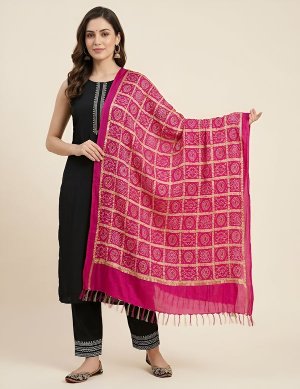Chinon Bandhani Print Crush Women Rani Dupatta with Traditional Motif Grid Design & Tassel Detailing