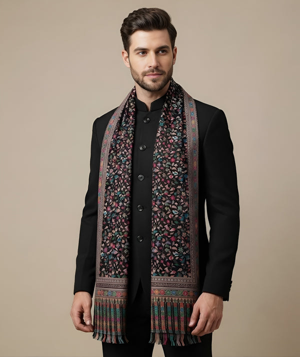 Reserve Mens All-Over Kalamkari Floral Print Bamboo Silk Black Stole