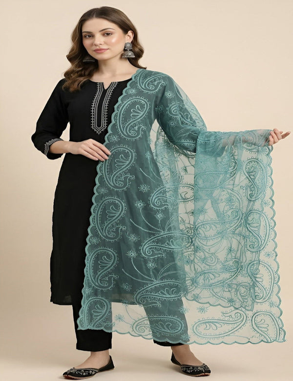 Teal Organza Embroidered Dupatta for Women with Paisley & Floral