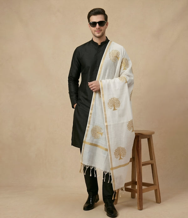 Organza Zari Buta Mens Dupatta – Off White Tone with Gold Woven Design