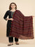 Maroon Nazneen Chiffon Dupatta with Multicolor Stripes & Pom Pom Border