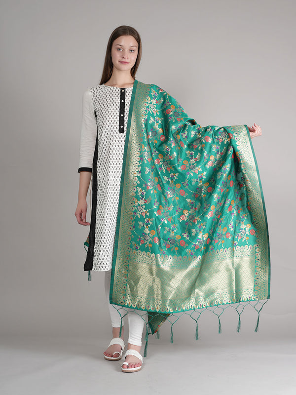 Emerald Green Paithani Silk Dupatta with Multicolour Floral Zari Weave (Size: 2.5x1 m Approx)