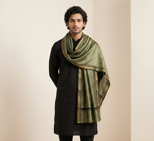 Khadi Cotton Mens Dupatta – Dusty Bottle Green with Textured Weave