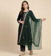 Green Twill Net Women Dupatta – Scalloped Cutwork Border with Buti Work