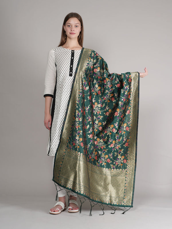 Bottle Green Paithani Silk Dupatta with Multicolour Floral Zari Weave (Size: 2.5x1 m Approx)