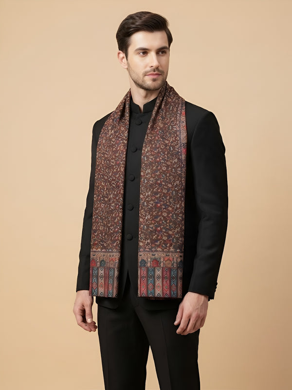 Reserve Mens Bamboo Silk Floral Kalamkari Printed Brown Stole