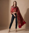 Regal Kani Weave Mughal Architecture & Floral Garden Wool Blend Red Stole