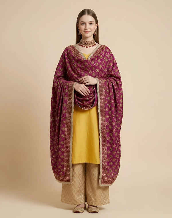 Luxe Heritage Phulkari Chinon Embroidered Purple Dupatta with Lace Border