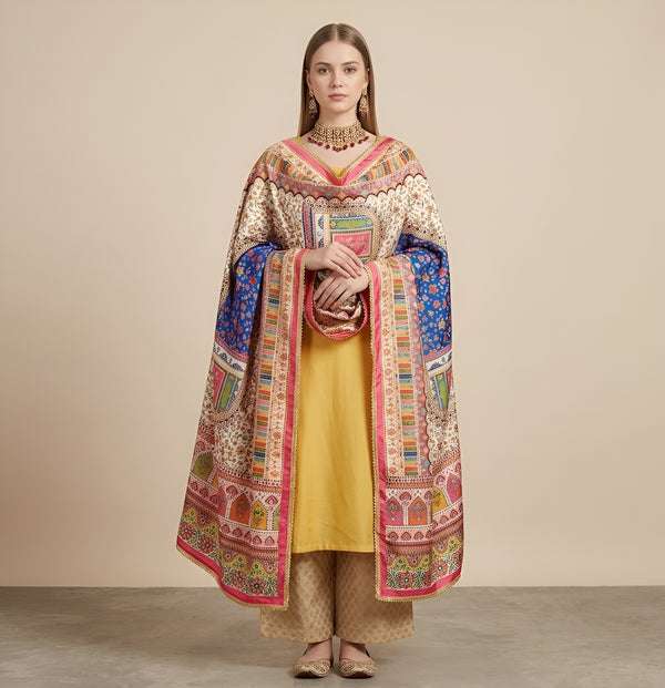 Chinon Floral Mirror Work Women Multicolor Dupatta with Designer Printed Panels & Lace Border