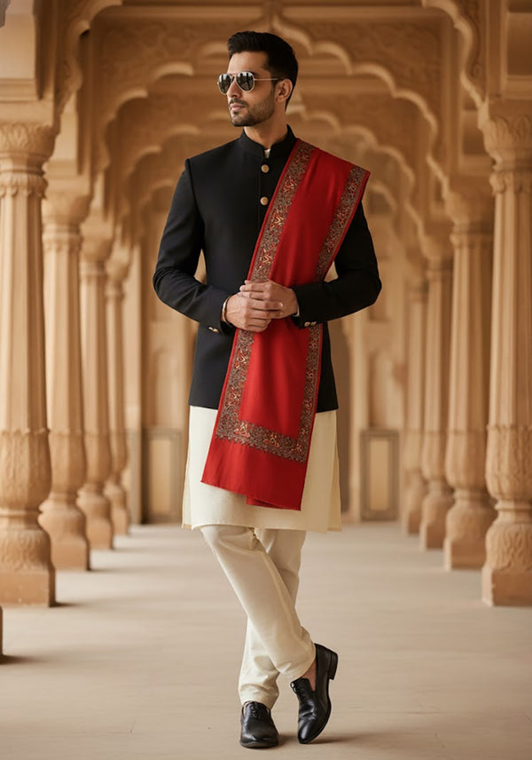 Red Woolen Mens Shawl with Traditional Multicolour Embroidered Border (80 x 40 Inches)