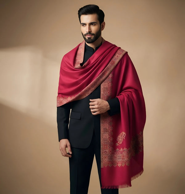 Mir-e-Khas Men's Kashmir-Inspired Kani Paisley & Geometric Border Wool Blend Red Shawl