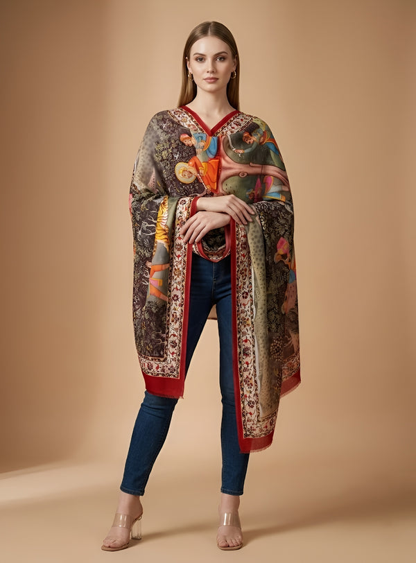 Signature Bamboo Silk PrintedStole | Heritage Royal Hunting Scene Print