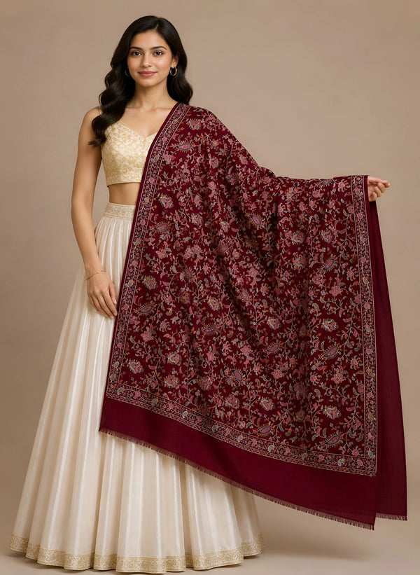 Naqsh-e-Kashmir Inspired Jamawar Floral Paisley Vine Wool Blend Maroon Shawl