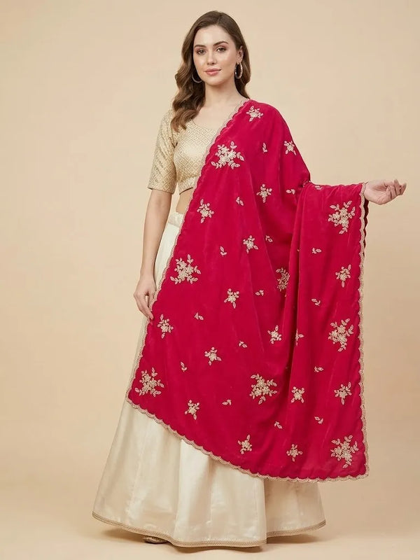 Luxe Chinon Womens Pink Dupatta with Floral Diamond Work & Lace Border