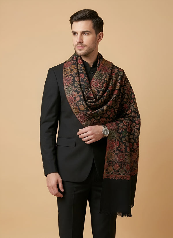 Noble Mens Wool Blend Floral Kani Weave Black Stole